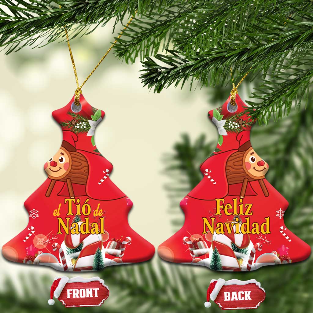 Red Christmas tree-shaped ceramic ornament with gold hanging loop; front and back labels
