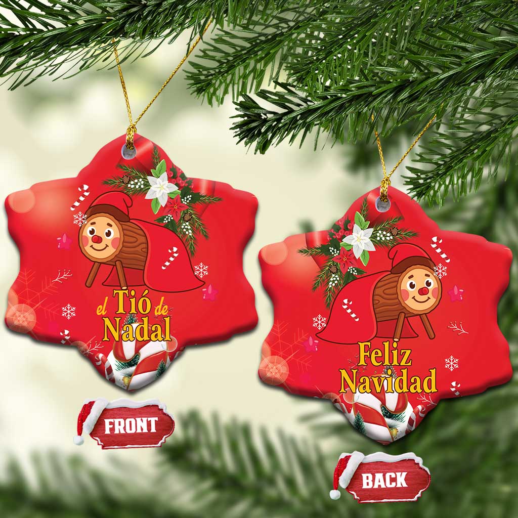 Red star-shaped ceramic Christmas ornament with gold hanging loop; front and back labels