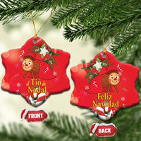 Red star-shaped ceramic Christmas ornament with gold hanging loop; front and back labels