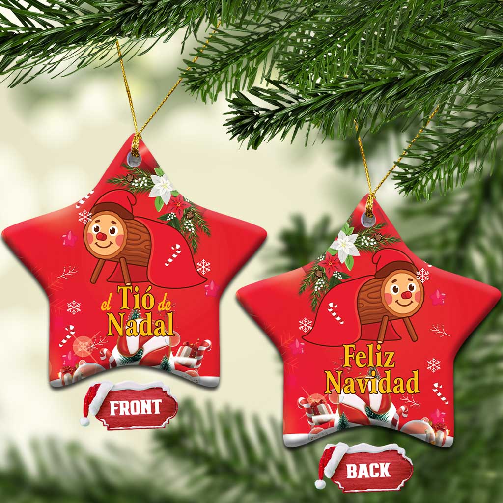 Red star-shaped ceramic Christmas ornament with gold hanging loop; two ornaments shown