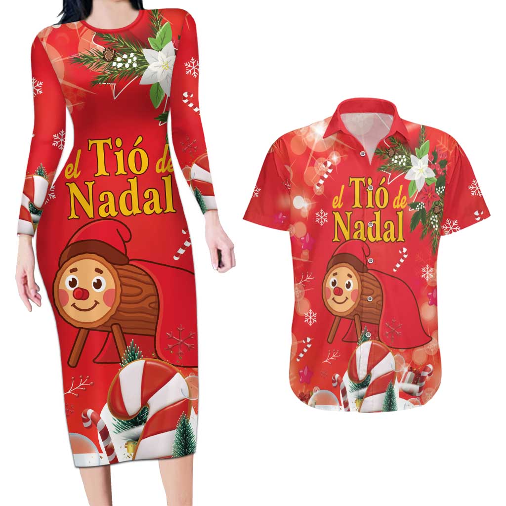 Spain Tio de Nadal Christmas Couples Matching Long Sleeve Bodycon Dress and Hawaiian Shirt Traditional Christmas Log Red Version - Wonder Print Shop