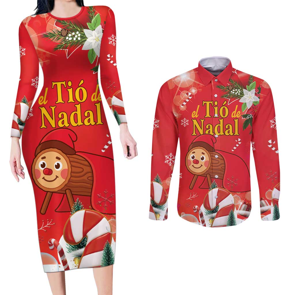 Spain Tio de Nadal Christmas Couples Matching Long Sleeve Bodycon Dress and Long Sleeve Button Shirt Traditional Christmas Log Red Version - Wonder Print Shop