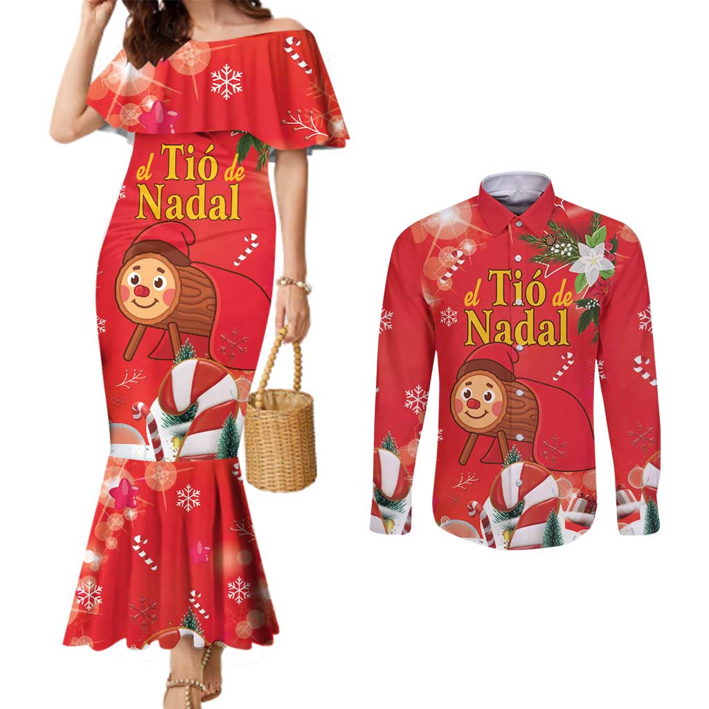 Spain Tió de Nadal Christmas Couples Matching Mermaid Dress and Long Sleeve Button Shirt Traditional Christmas Log Red Version