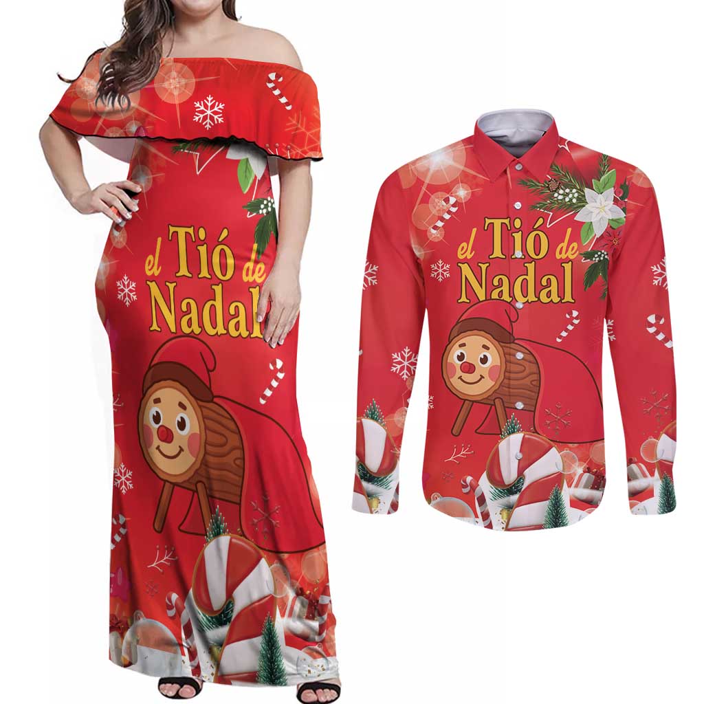 Spain Tio de Nadal Christmas Couples Matching Off Shoulder Maxi Dress and Long Sleeve Button Shirt Traditional Christmas Log Red Version - Wonder Print Shop