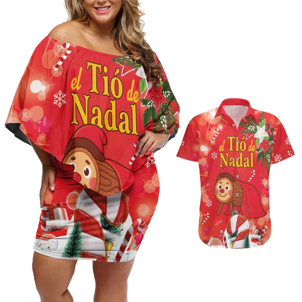 Spain Tio de Nadal Christmas Couples Matching Off Shoulder Short Dress and Hawaiian Shirt Traditional Christmas Log Red Version - Wonder Print Shop