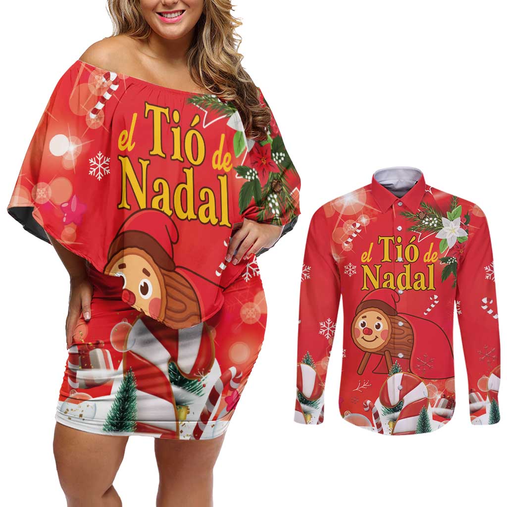 Spain Tio de Nadal Christmas Couples Matching Off Shoulder Short Dress and Long Sleeve Button Shirt Traditional Christmas Log Red Version - Wonder Print Shop