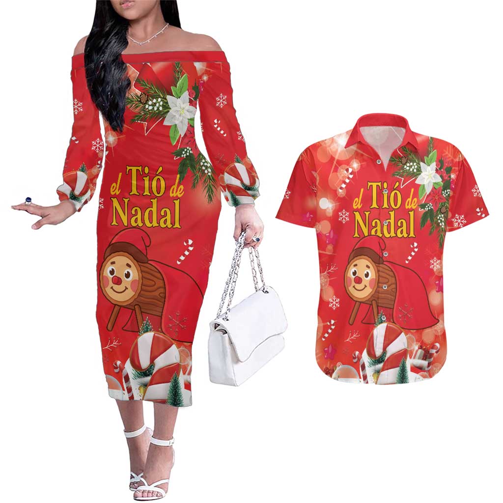 Spain Tio de Nadal Christmas Couples Matching Off The Shoulder Long Sleeve Dress and Hawaiian Shirt Traditional Christmas Log Red Version - Wonder Print Shop