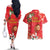 Spain Tio de Nadal Christmas Couples Matching Off The Shoulder Long Sleeve Dress and Hawaiian Shirt Traditional Christmas Log Red Version - Wonder Print Shop