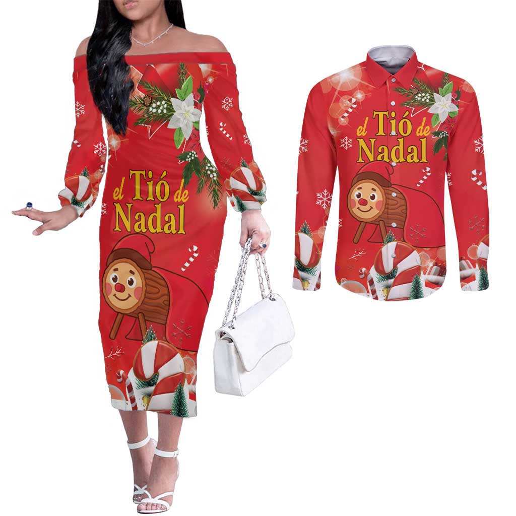 Spain Tió de Nadal Christmas Couples Matching Off The Shoulder Long Sleeve Dress and Long Sleeve Button Shirt Traditional Christmas Log Red Version