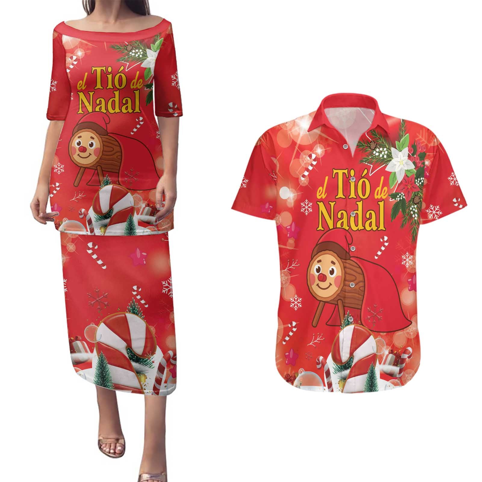 Spain Tio de Nadal Christmas Couples Matching Puletasi and Hawaiian Shirt Traditional Christmas Log Red Version - Wonder Print Shop