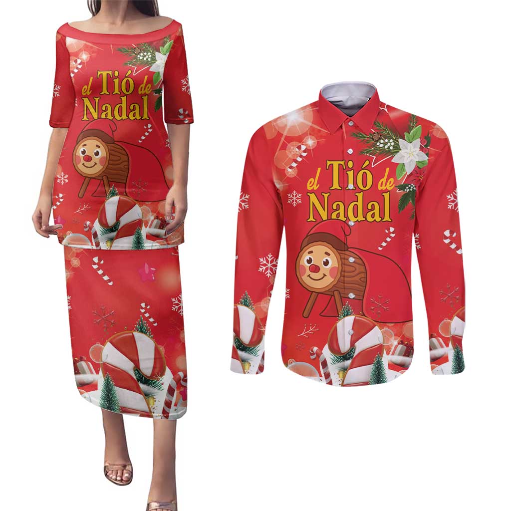 Spain Tio de Nadal Christmas Couples Matching Puletasi and Long Sleeve Button Shirt Traditional Christmas Log Red Version - Wonder Print Shop