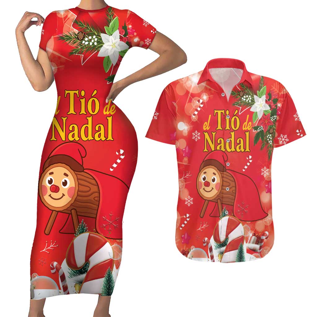 Spain Tio de Nadal Christmas Couples Matching Short Sleeve Bodycon Dress and Hawaiian Shirt Traditional Christmas Log Red Version - Wonder Print Shop