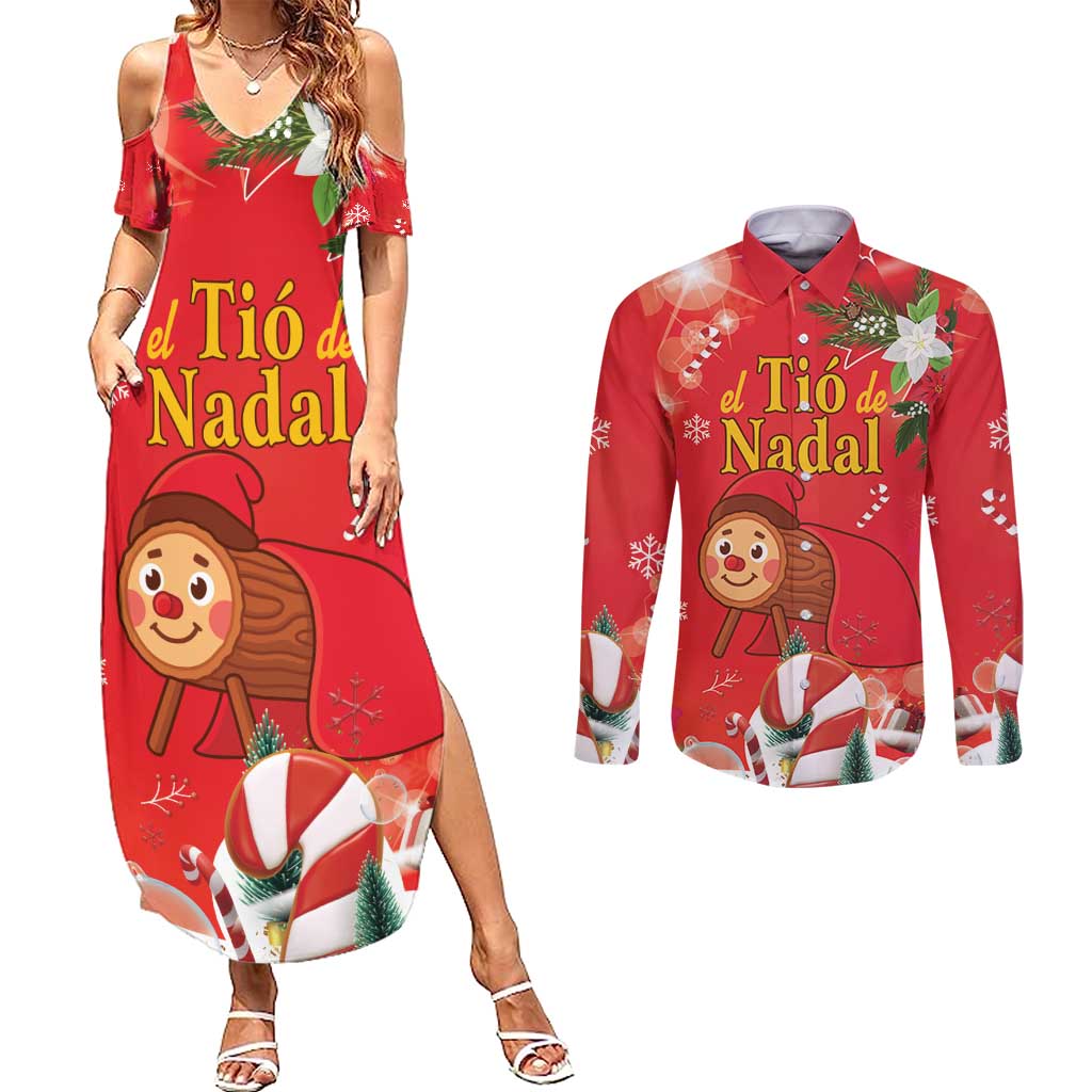 Spain Tio de Nadal Christmas Couples Matching Summer Maxi Dress and Long Sleeve Button Shirt Traditional Christmas Log Red Version - Wonder Print Shop