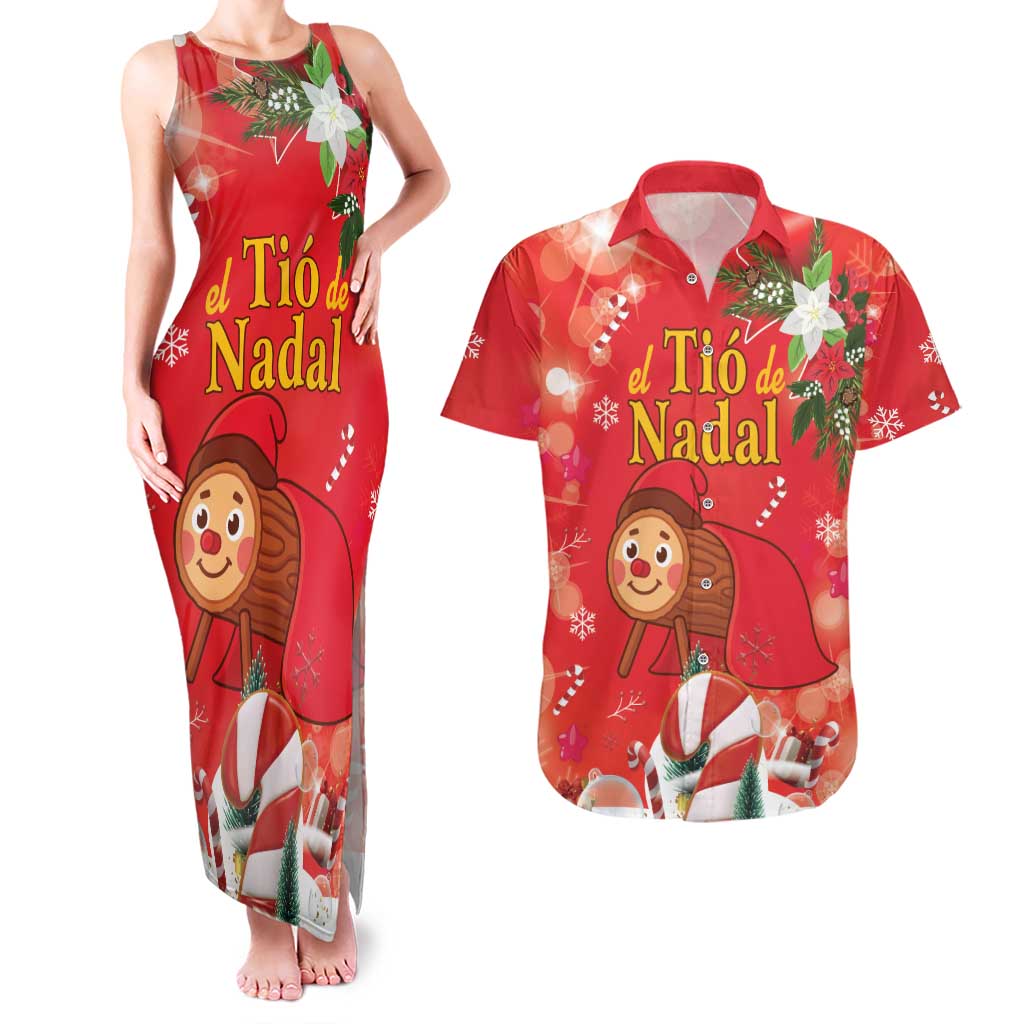 Spain Tio de Nadal Christmas Couples Matching Tank Maxi Dress and Hawaiian Shirt Traditional Christmas Log Red Version - Wonder Print Shop