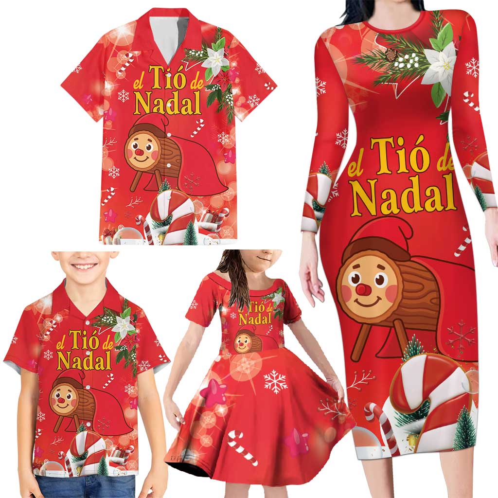 Spain Tio de Nadal Christmas Family Matching Long Sleeve Bodycon Dress and Hawaiian Shirt Traditional Christmas Log Red Version - Wonder Print Shop