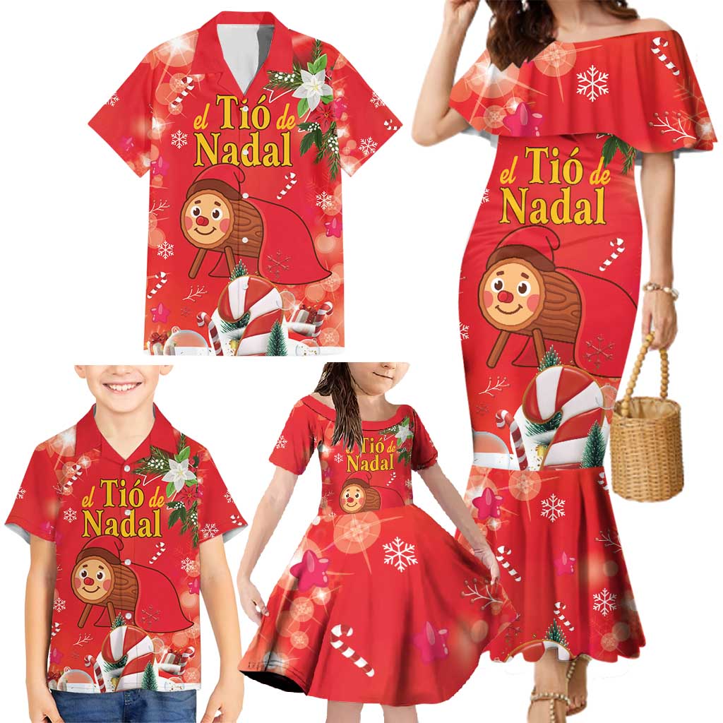 Spain Tio de Nadal Christmas Family Matching Mermaid Dress and Hawaiian Shirt Traditional Christmas Log Red Version - Wonder Print Shop