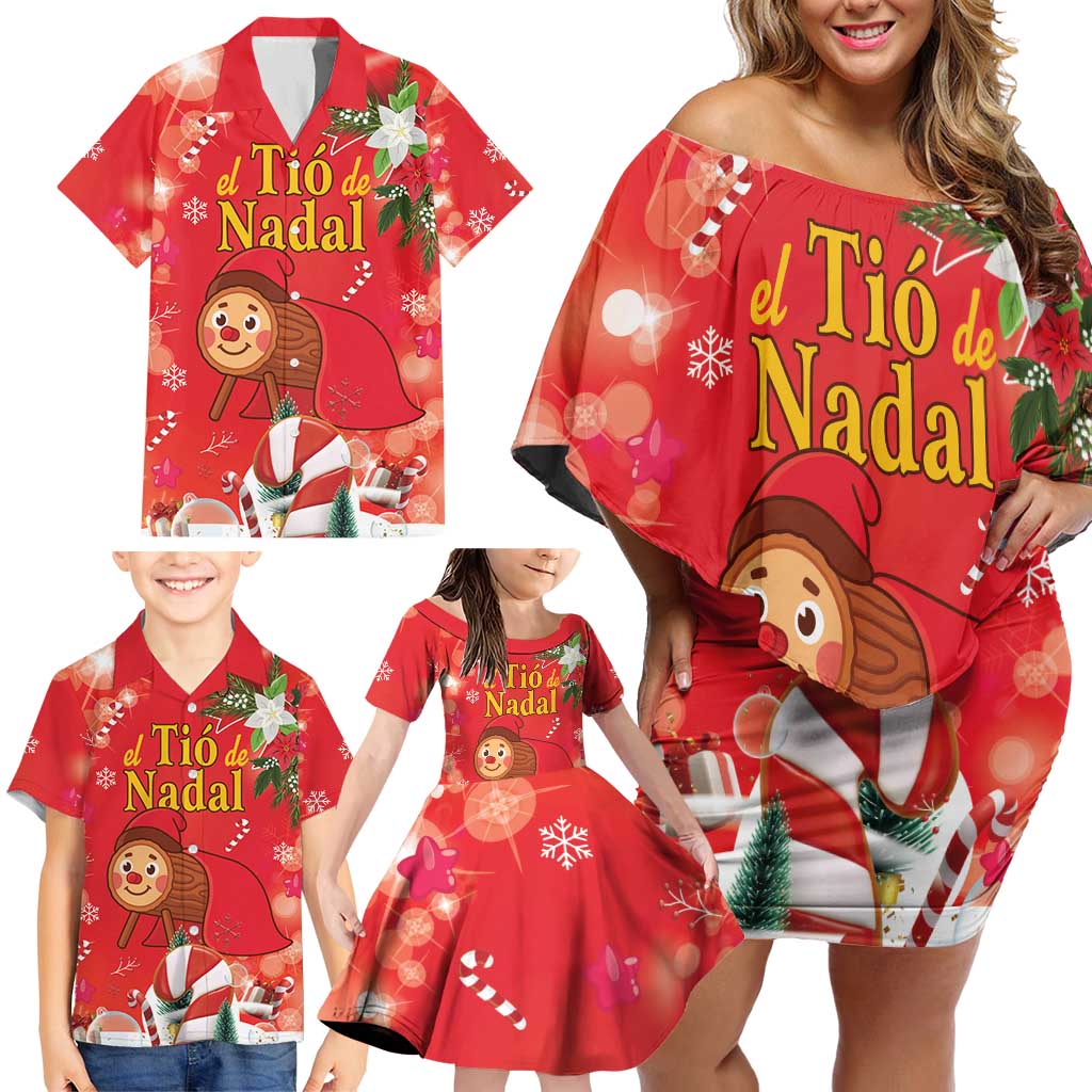 Spain Tio de Nadal Christmas Family Matching Off Shoulder Short Dress and Hawaiian Shirt Traditional Christmas Log Red Version - Wonder Print Shop