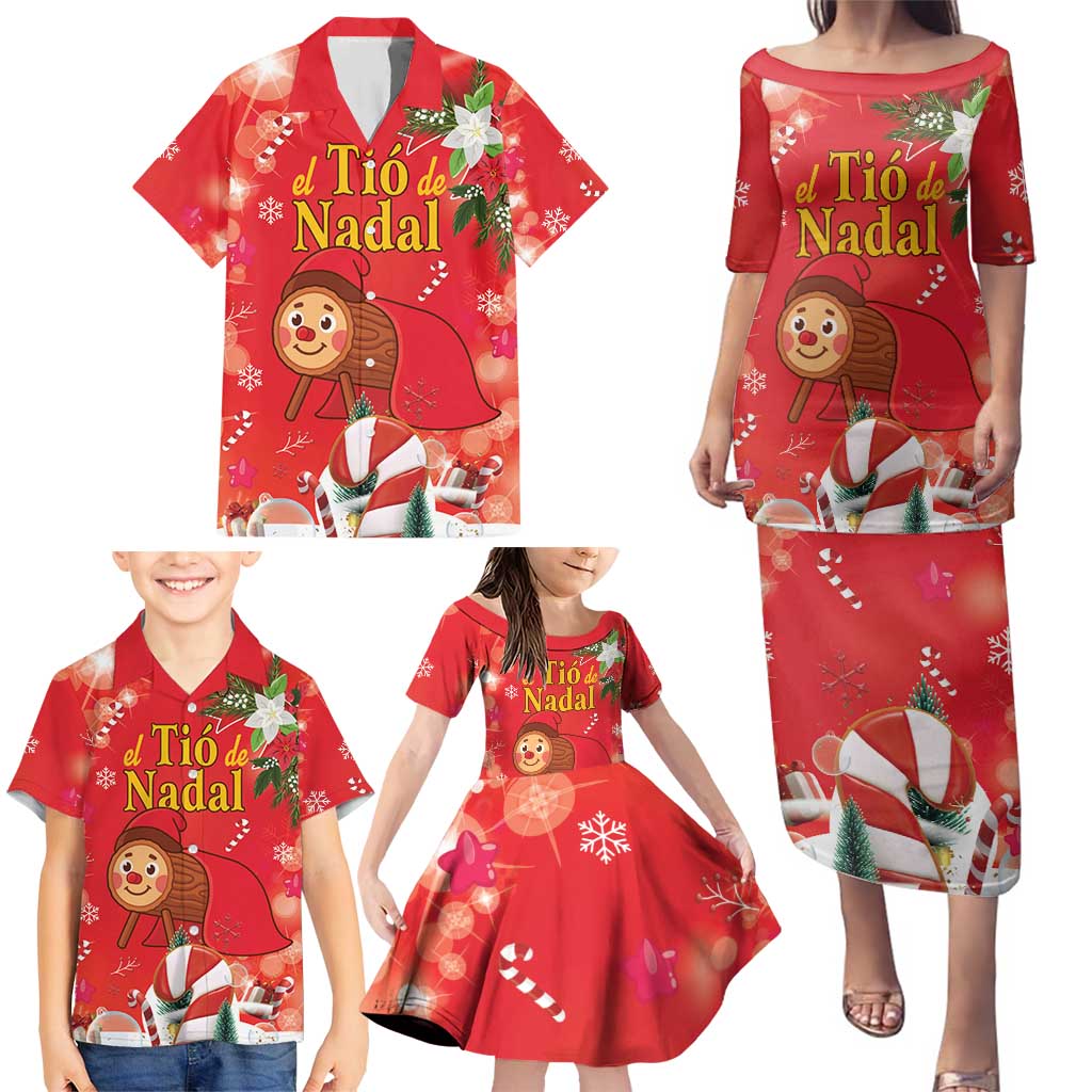 Spain Tio de Nadal Christmas Family Matching Puletasi and Hawaiian Shirt Traditional Christmas Log Red Version - Wonder Print Shop