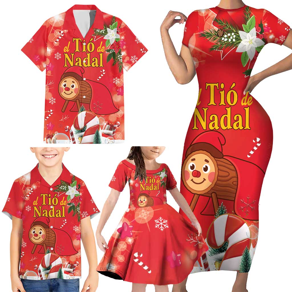 Spain Tio de Nadal Christmas Family Matching Short Sleeve Bodycon Dress and Hawaiian Shirt Traditional Christmas Log Red Version - Wonder Print Shop