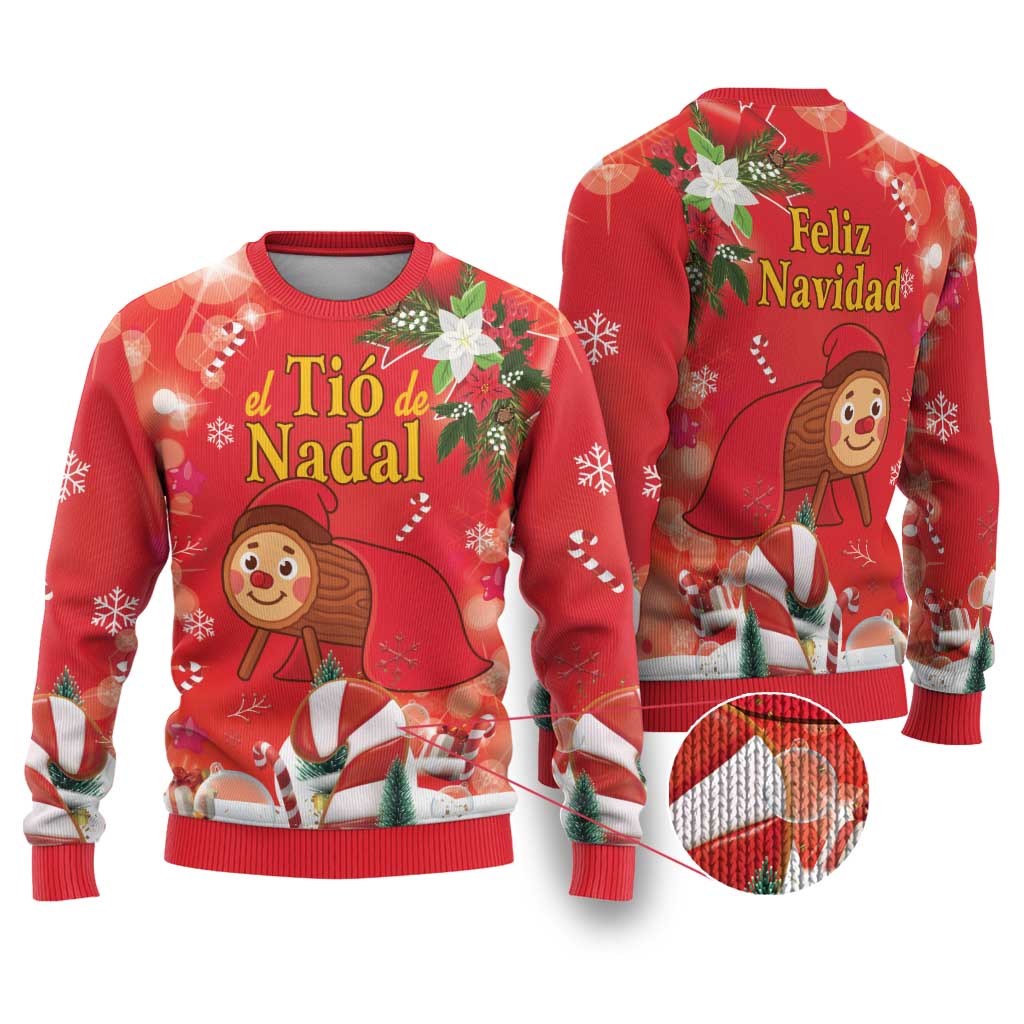 Spain Tio de Nadal Christmas Ugly Christmas Sweater Traditional Christmas Log Red Version - Wonder Print Shop