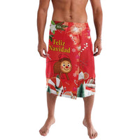Red Christmas lavalava skirt with Feliz Navidad text, Santa doll and pine tree print