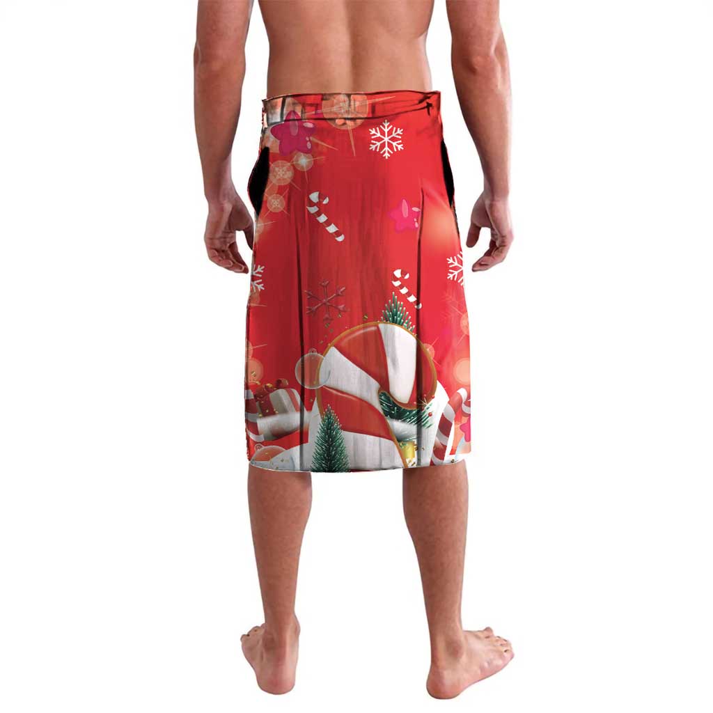 Red Christmas lavalava skirt with candy cane, snowflakes, and gift prints at back
