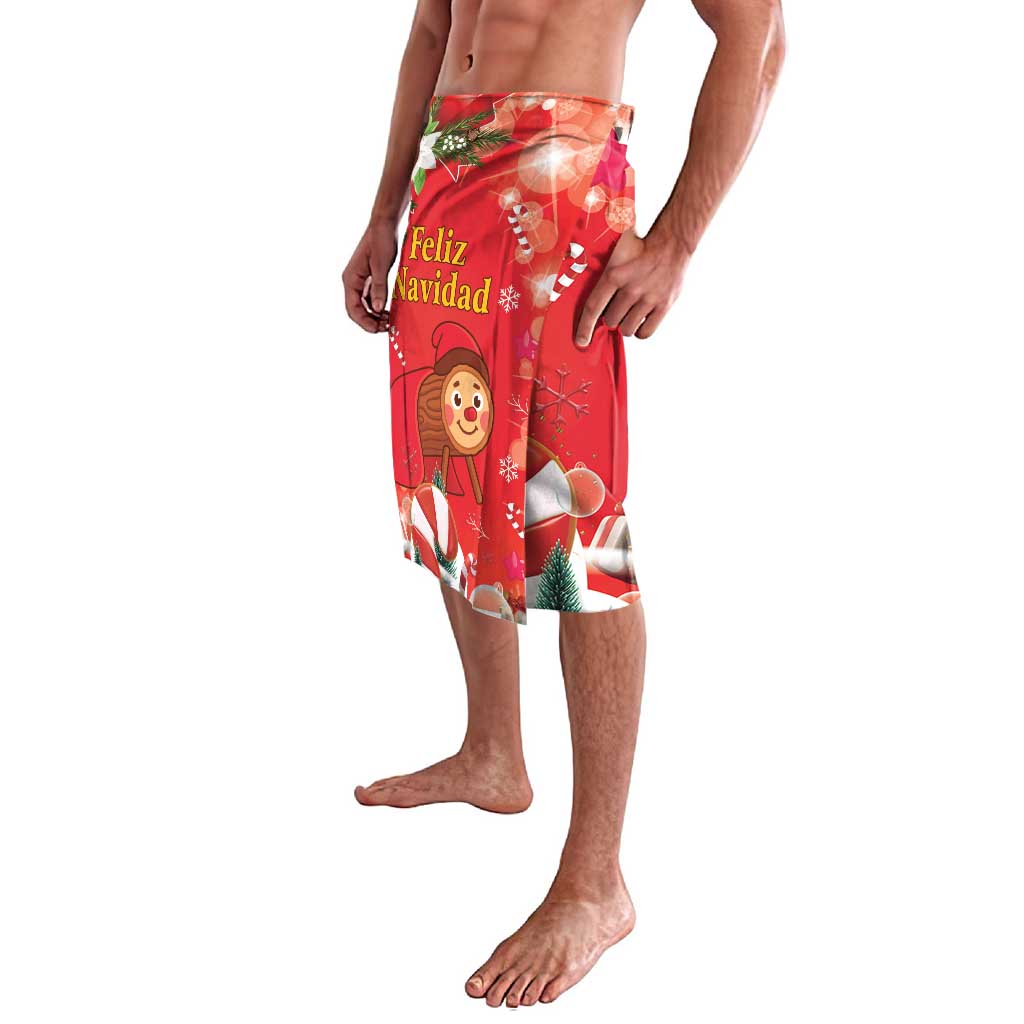 Red Christmas lavalava skirt with Feliz Navidad text and Santa character front view