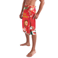 Red Christmas lavalava skirt with Feliz Navidad text and Santa character front view
