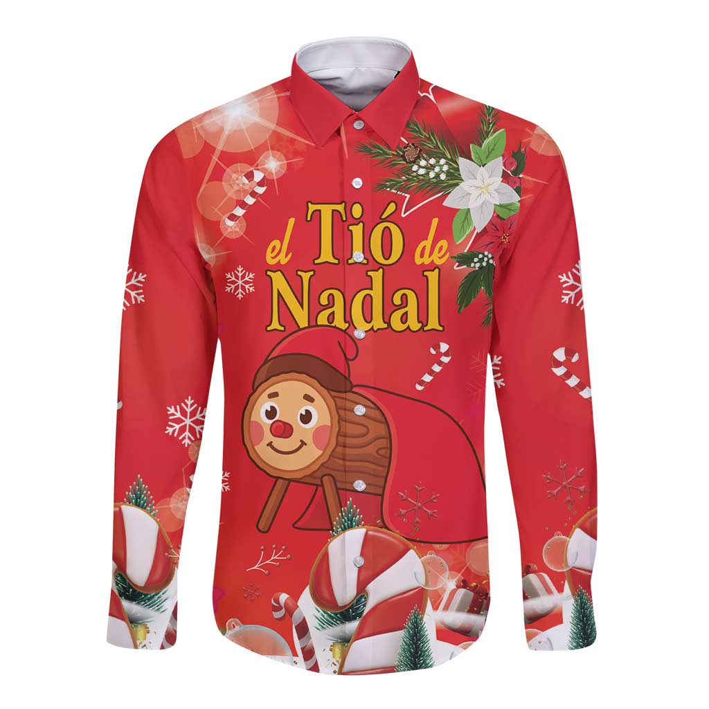 Red long sleeve button shirt with Tio de Nadal Christmas graphic