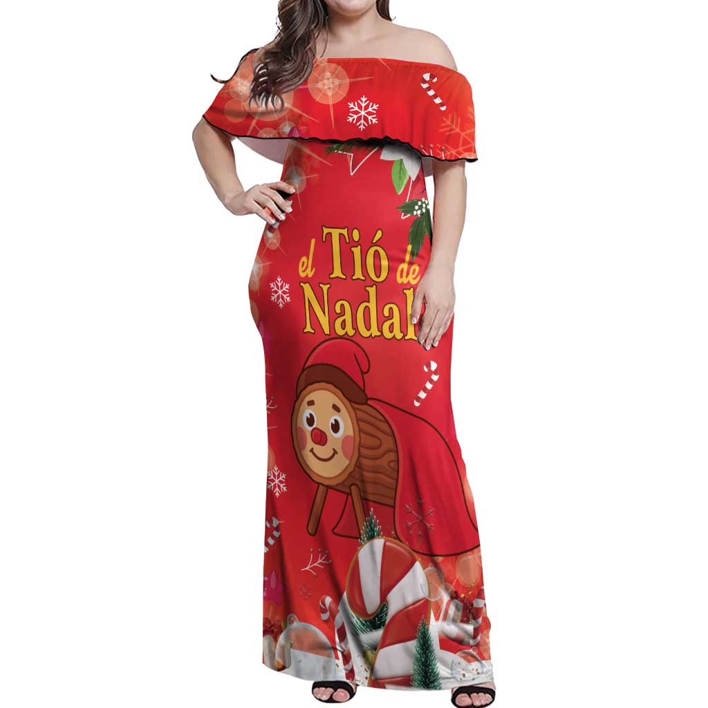 Spain Tio de Nadal Christmas Off Shoulder Maxi Dress Traditional Christmas Log Red Version - Wonder Print Shop