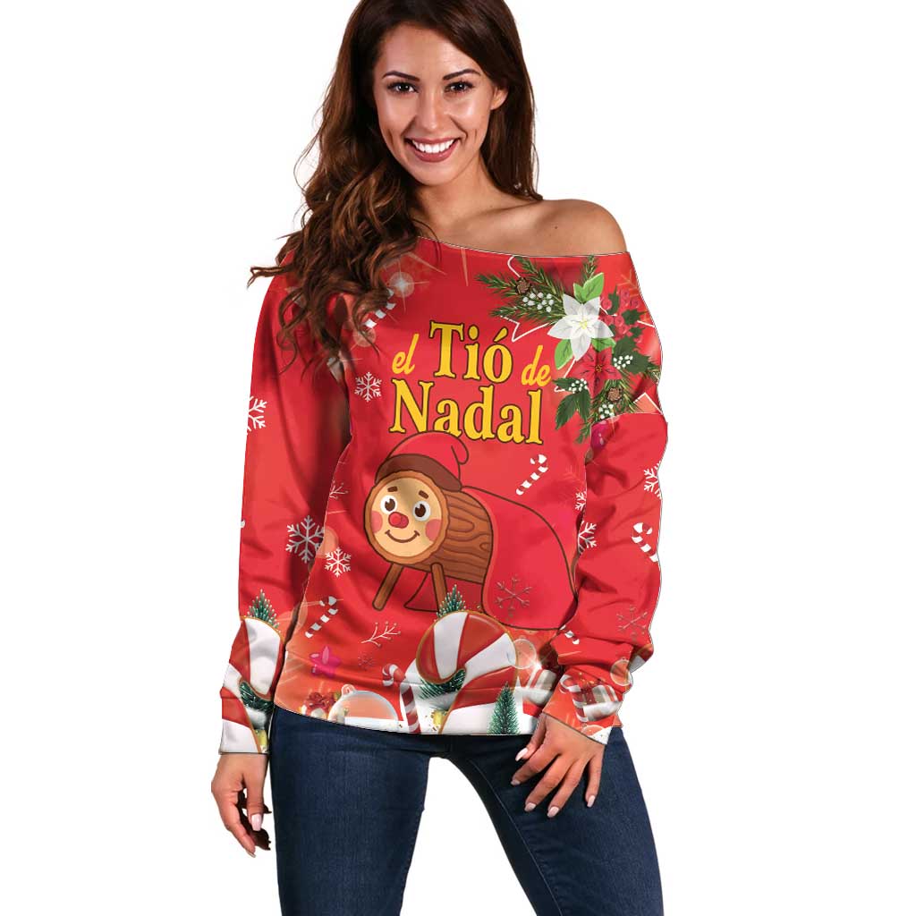 Spain Tio de Nadal Christmas Off Shoulder Sweater Traditional Christmas Log Red Version - Wonder Print Shop