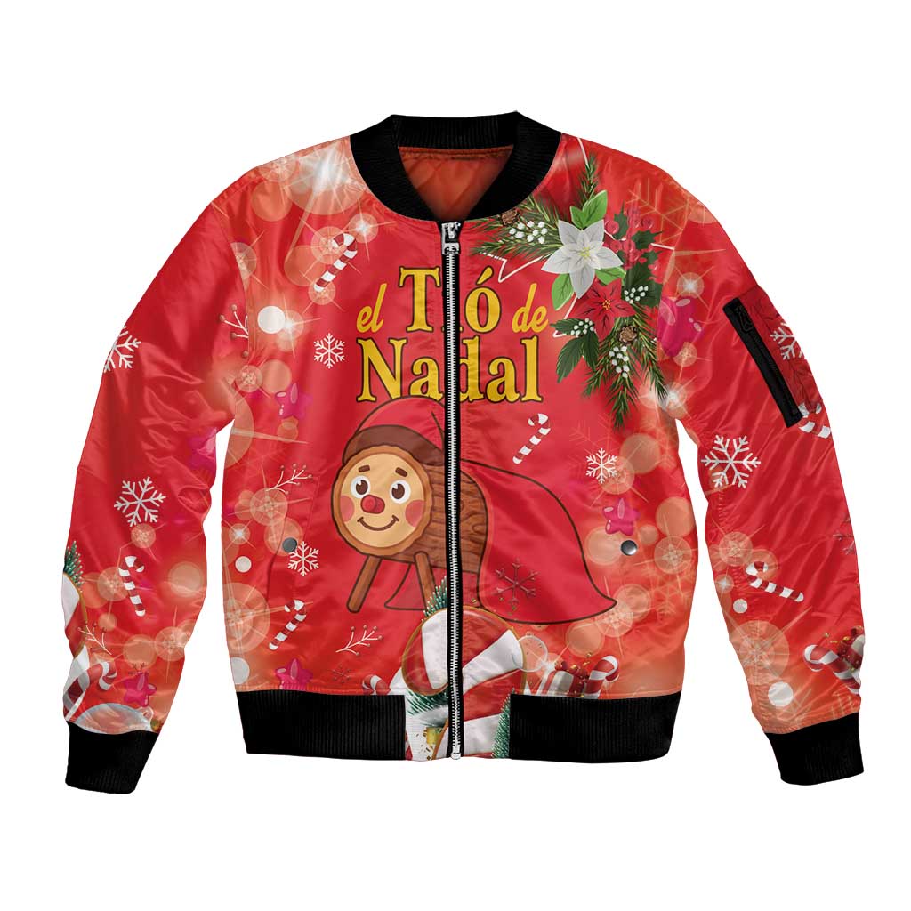 Spain Tio de Nadal Christmas Sleeve Zip Bomber Jacket Traditional Christmas Log Red Version - Wonder Print Shop