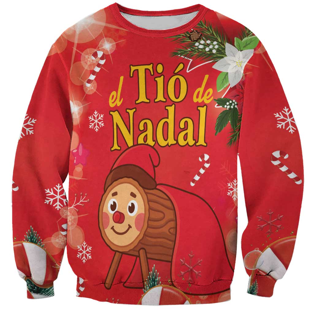 Red Christmas sweatshirt with Tio de Nadal print, smiling log character and pine accents