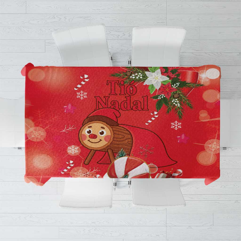 Red Christmas tablecloth with Tio Nadal character, tree branches, and holiday snowflake motifs