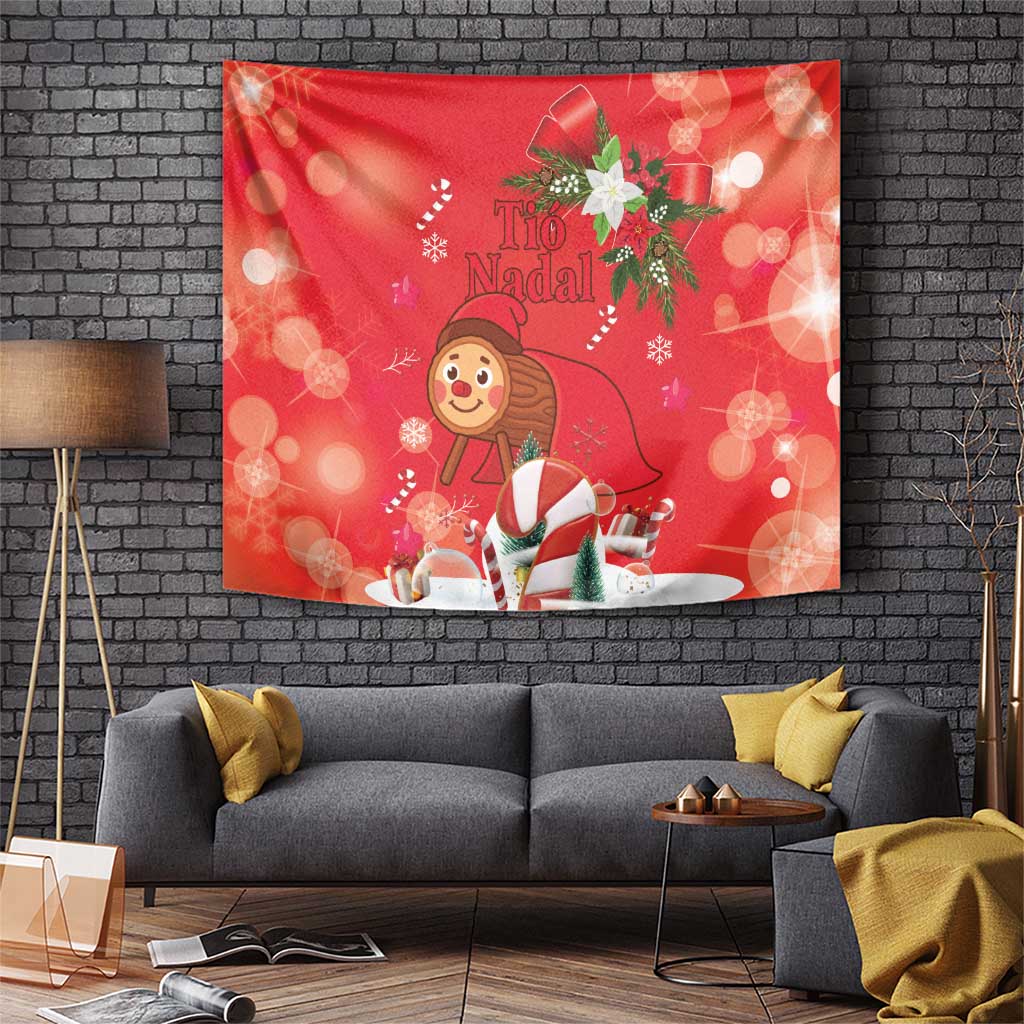 Red Christmas tapestry with Tio Nadal character, gifts, holly and snowflake accents