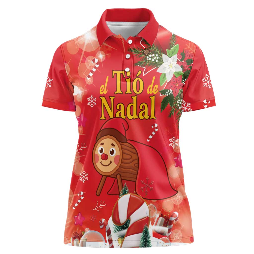 Spain Tio de Nadal Christmas Women Polo Shirt Traditional Christmas Log Red Version - Wonder Print Shop