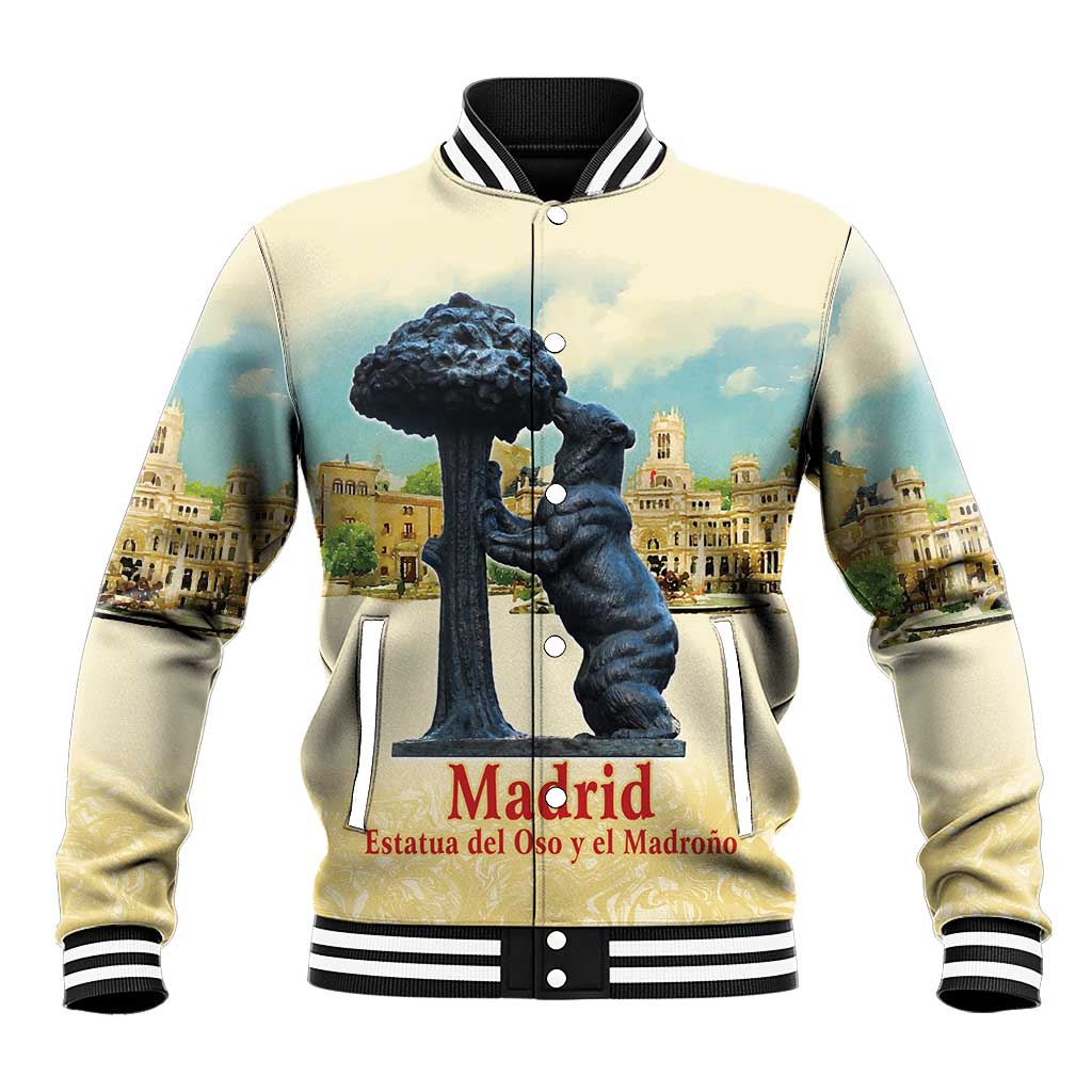 Baseball jacket with watercolor cityscape, statue graphic, striped ribbed collar and snap front