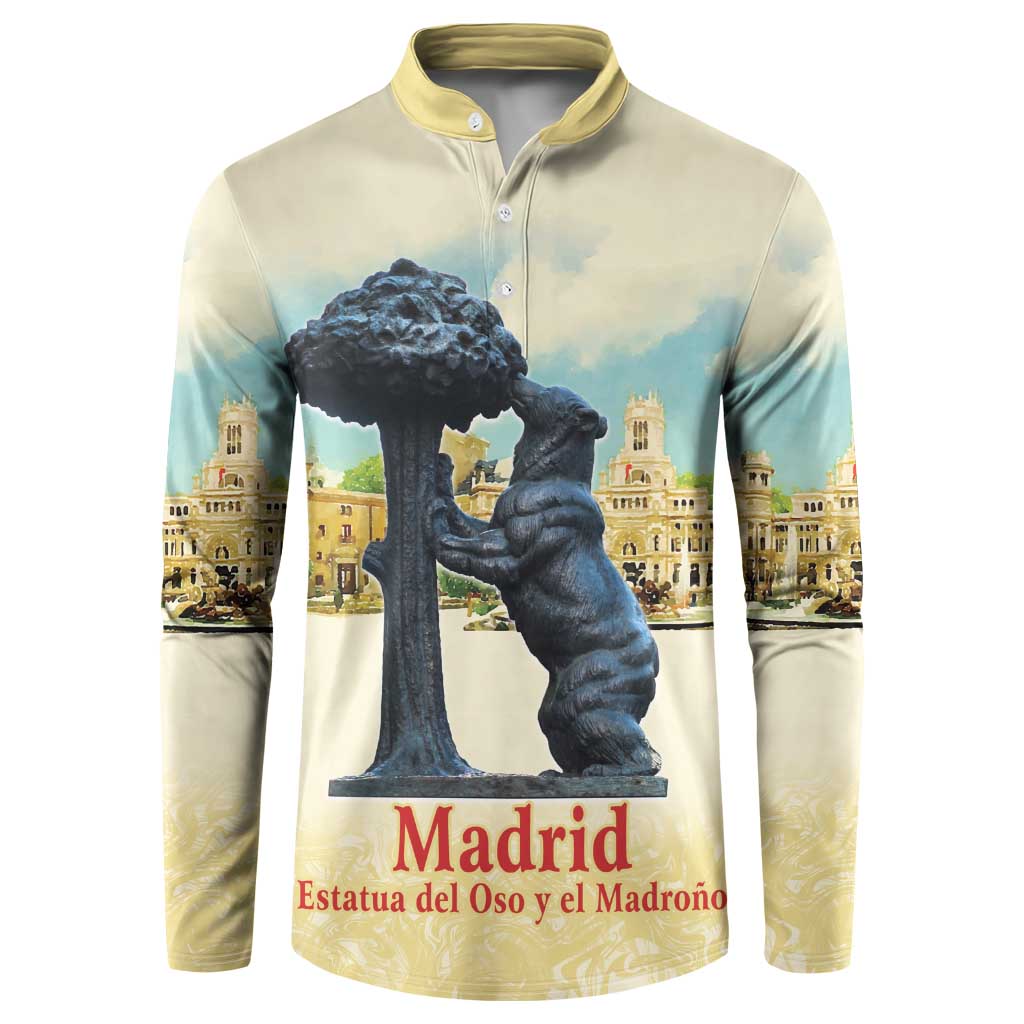 Cream button sweatshirt with watercolor city and dark bear statue graphic, yellow collar