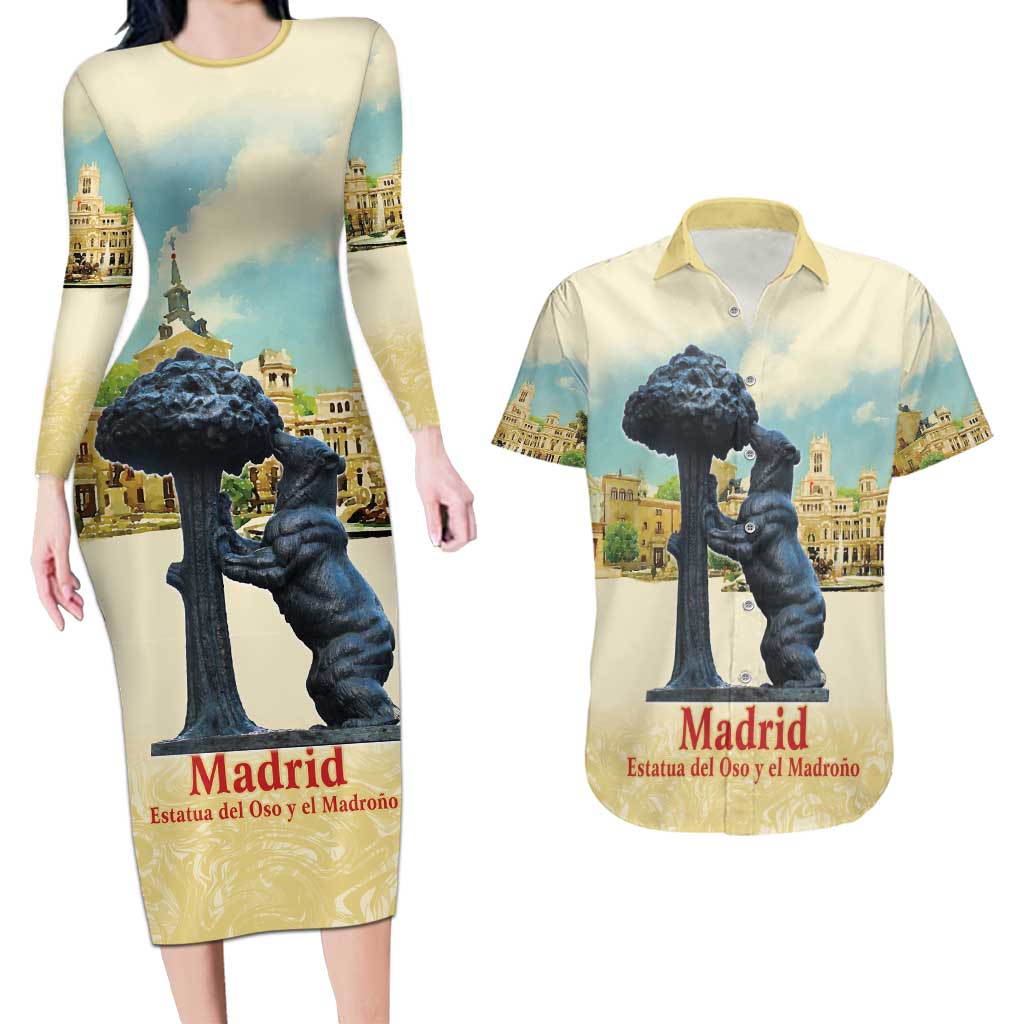 Spain El Oso y el Madrono Couples Matching Long Sleeve Bodycon Dress and Hawaiian Shirt Madrid City Watercolor - Wonder Print Shop