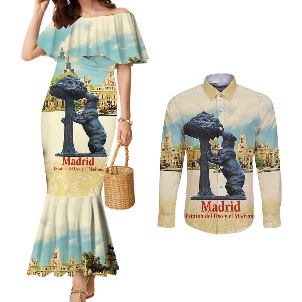 Spain El Oso y el Madrono Couples Matching Mermaid Dress and Long Sleeve Button Shirt Madrid City Watercolor