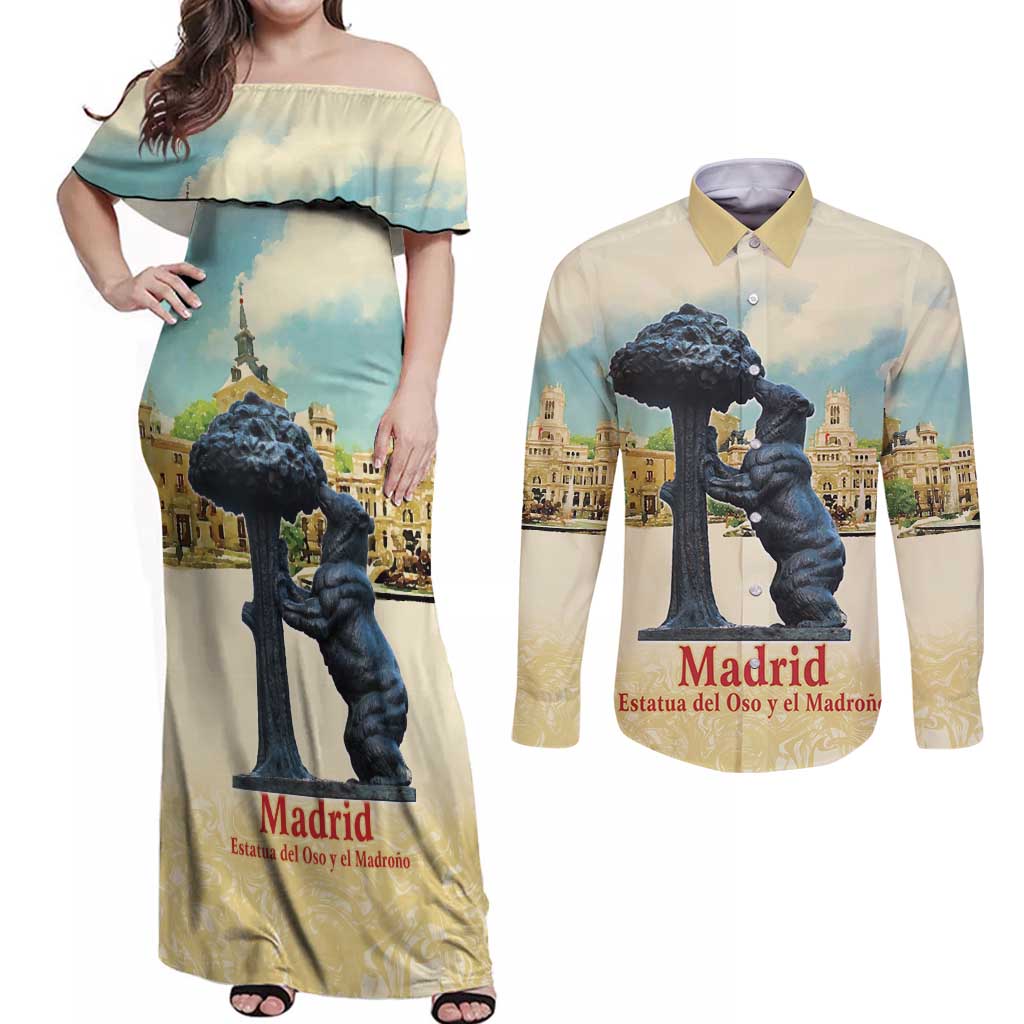 Spain El Oso y el Madrono Couples Matching Off Shoulder Maxi Dress and Long Sleeve Button Shirt Madrid City Watercolor - Wonder Print Shop