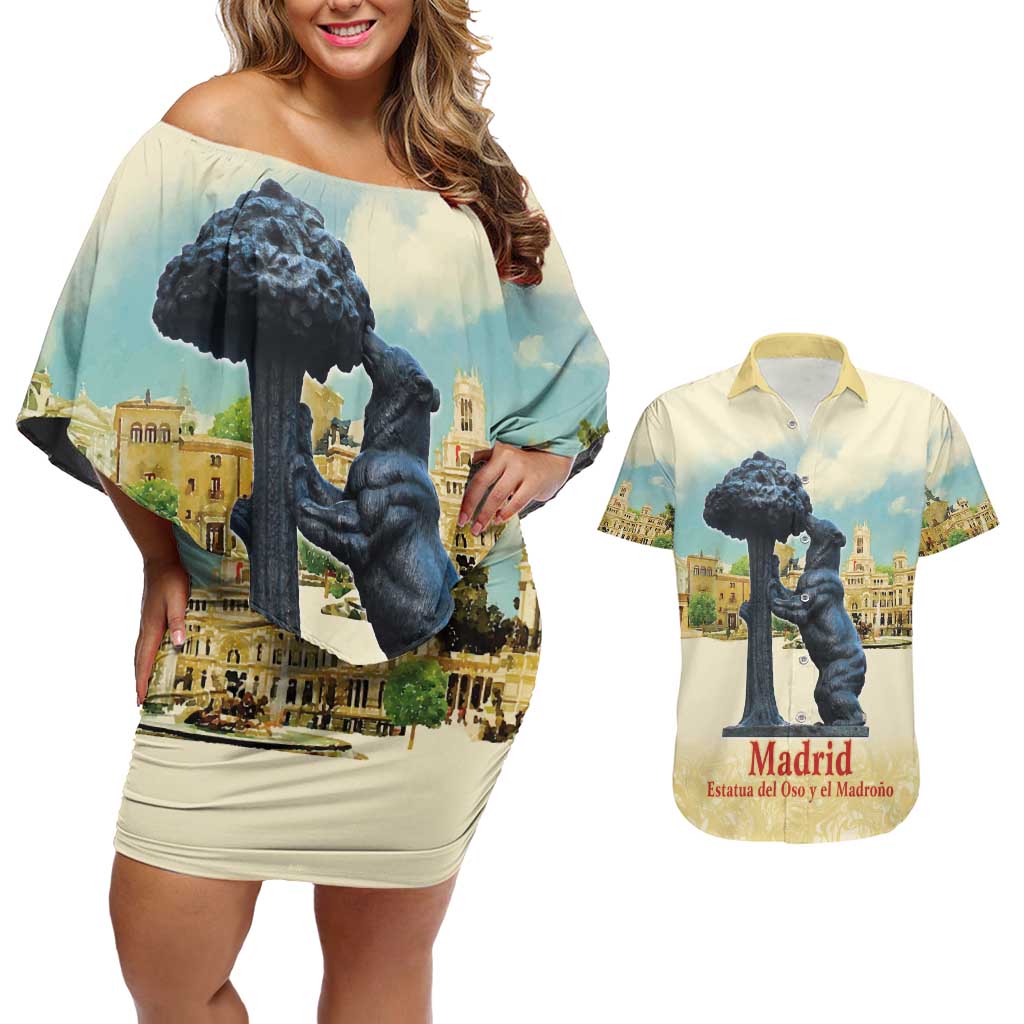 Spain El Oso y el Madrono Couples Matching Off Shoulder Short Dress and Hawaiian Shirt Madrid City Watercolor - Wonder Print Shop