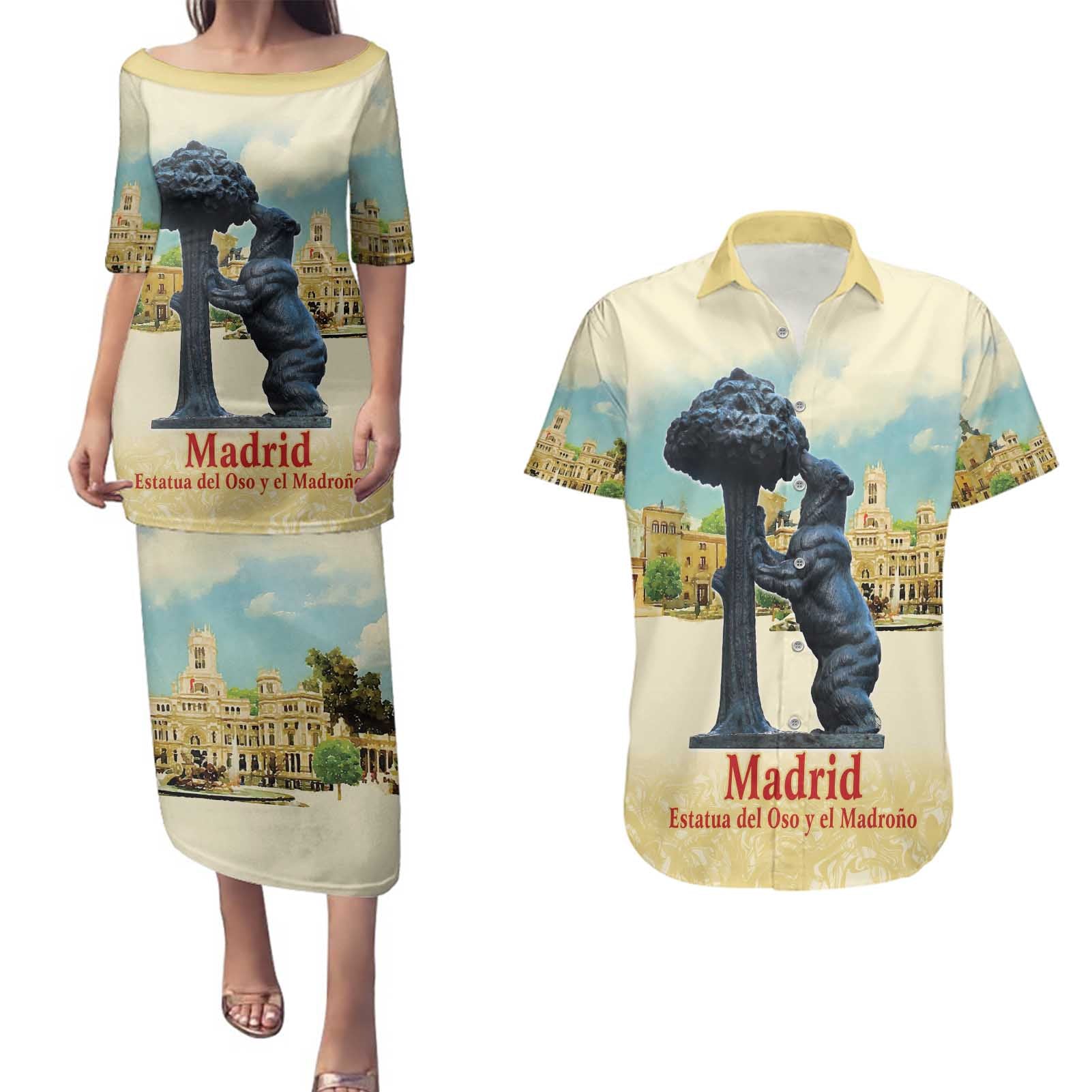 Spain El Oso y el Madrono Couples Matching Puletasi and Hawaiian Shirt Madrid City Watercolor - Wonder Print Shop