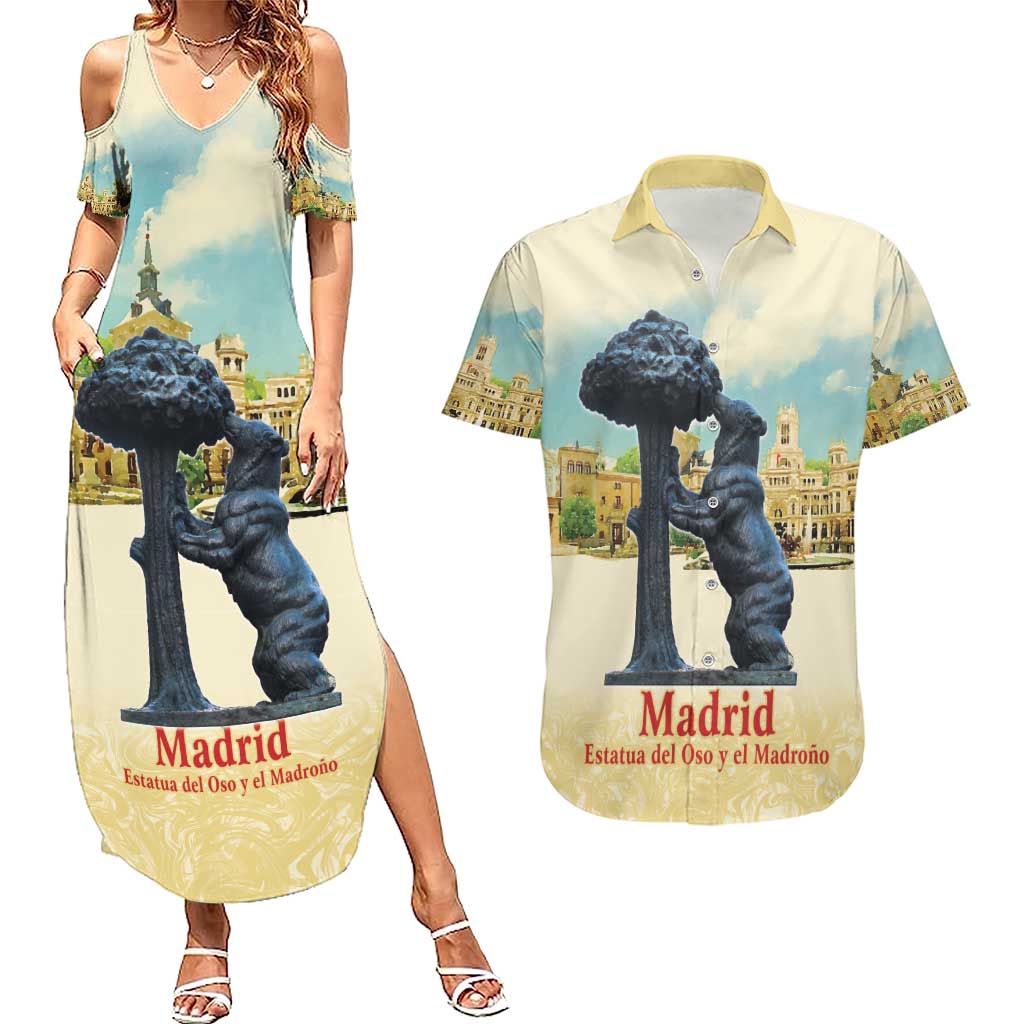 Spain El Oso y el Madrono Couples Matching Summer Maxi Dress and Hawaiian Shirt Madrid City Watercolor - Wonder Print Shop