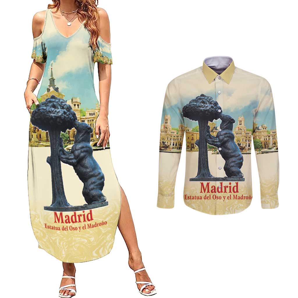 Spain El Oso y el Madrono Couples Matching Summer Maxi Dress and Long Sleeve Button Shirt Madrid City Watercolor - Wonder Print Shop