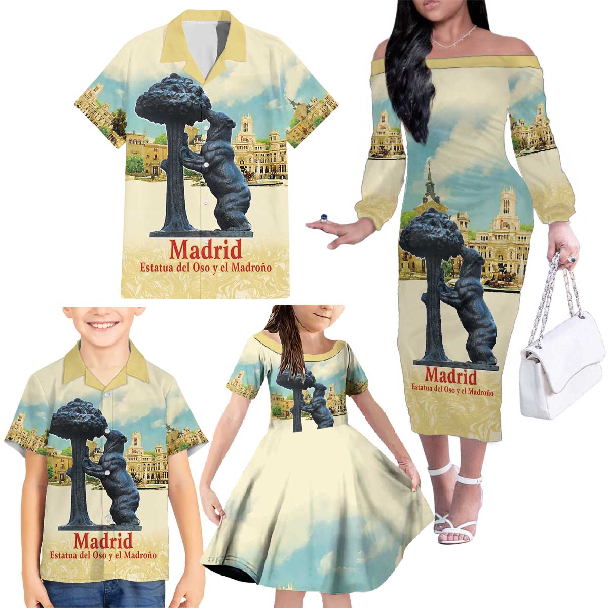 Spain El Oso y el Madrono Family Matching Off The Shoulder Long Sleeve Dress and Hawaiian Shirt Madrid City Watercolor - Wonder Print Shop