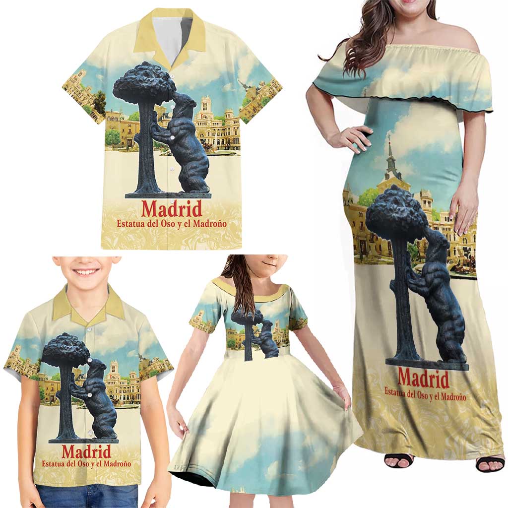 Spain El Oso y el Madrono Family Matching Off Shoulder Maxi Dress and Hawaiian Shirt Madrid City Watercolor - Wonder Print Shop