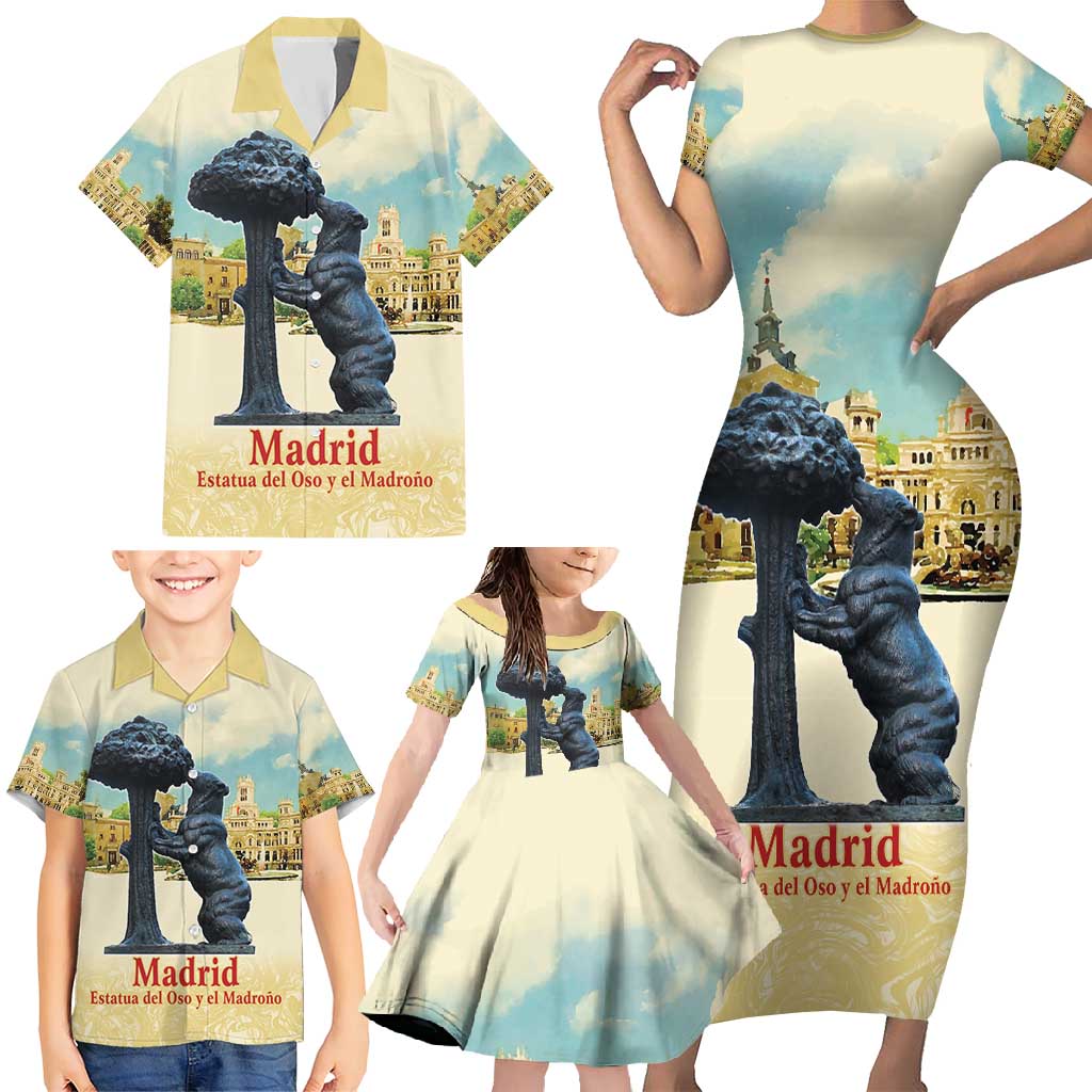 Spain El Oso y el Madrono Family Matching Short Sleeve Bodycon Dress and Hawaiian Shirt Madrid City Watercolor - Wonder Print Shop