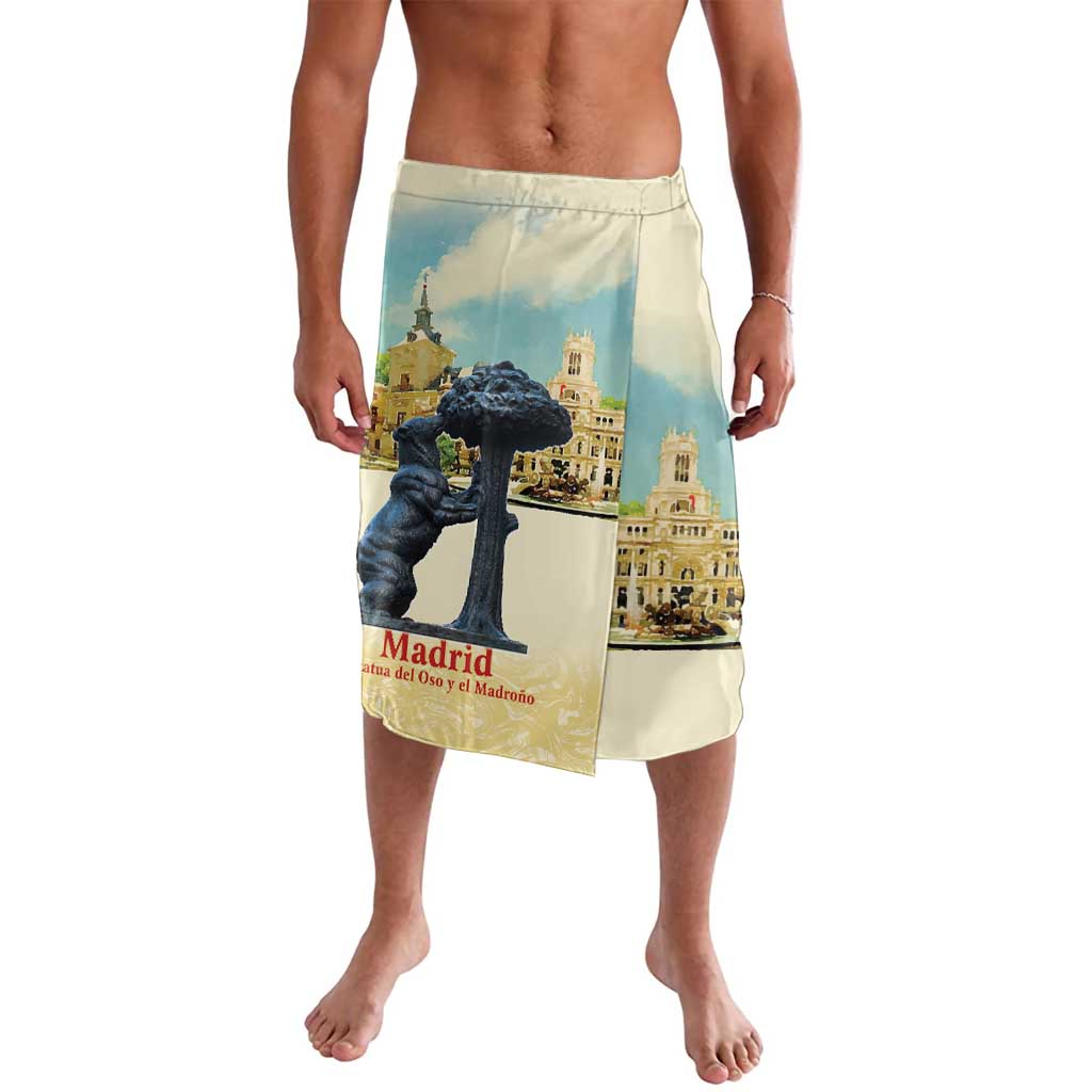 Men's lavalava skirt with beige base and blue Madrid city watercolor print, side view