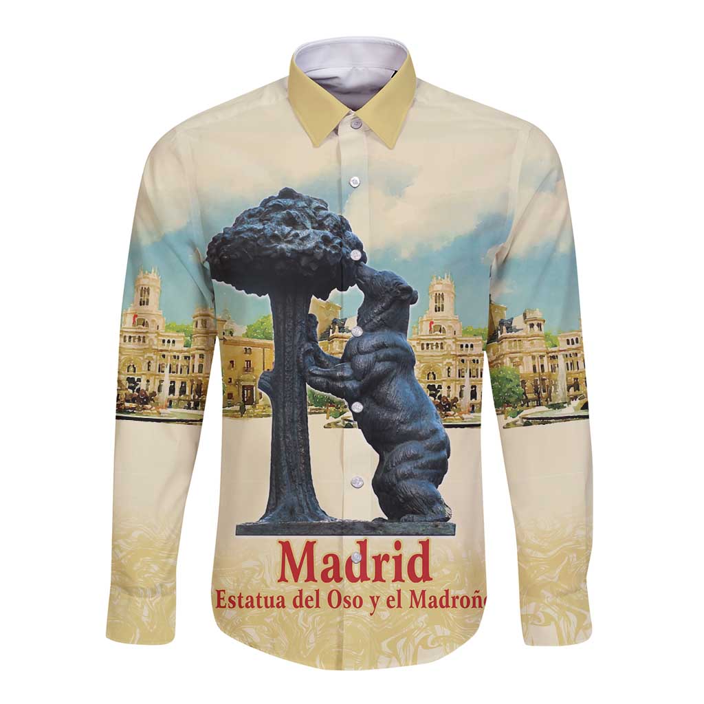 Light cream long-sleeve button shirt with yellow collar, front Madrid watercolor statue print
